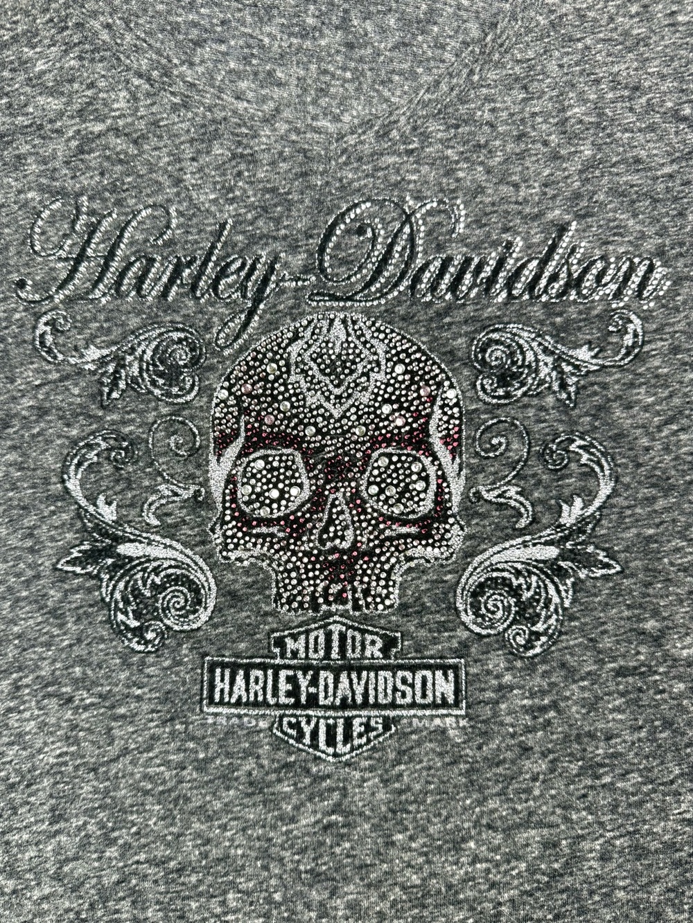 Harley-Davidson Rhinestone Sugar Skull V-Neck Graphic Tee Gray Women's L - Picture 2 of 8